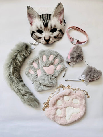 Quadrobics Set (mask, paws, ears, tail with carabiner, choker, bag) in Gray-Pink