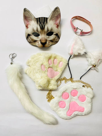 Quadrobics Play Set (mask, paws, ears, tail with clip, choker, bag) - White and Pink