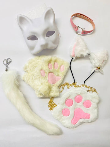 Quadrobics Set (mask, paws, ears, tail with carabiner, choker, bag) White