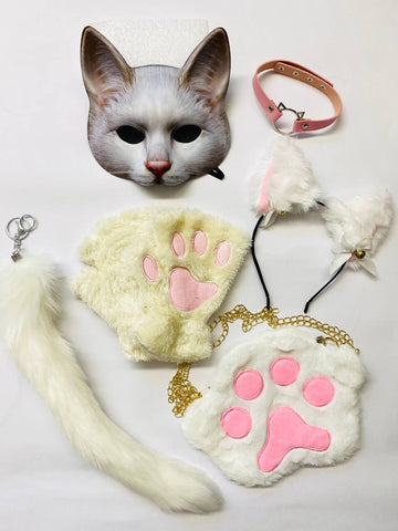 Quadrobics Play Set (mask, paws, ears, tail with clip, choker, bag) in White and Pink
