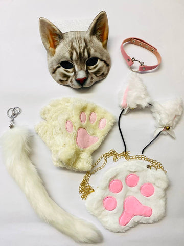 Quadrobics Play Set (mask, paws, ears, tail with carabiner, choker, bag) - White and Pink