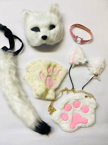 Quadrobics Play Set (mask, paws, ears, tail on a strap, choker, bag) - White and Pink