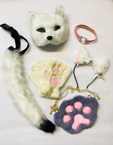 Quadrobics Playset (mask, paws, ears, tail on a strap, choker, bag) White and Gray