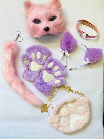 Quadrobics Play Set (mask, paws, ears, tail with clip, choker, bag) in Pink and Purple