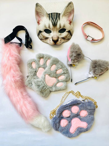 Quadrobics Play Set (mask, paws, ears, tail on a strap, choker, bag) in Gray-Pink
