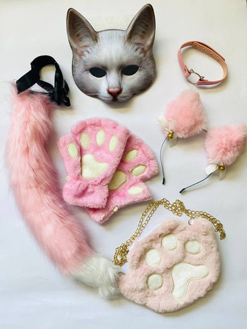 Quadrobics Set (mask, paws, ears, tail on a strap, choker, bag) – Pink