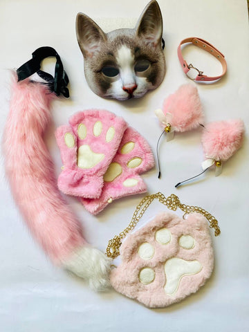 Quadrobics Set (mask, paws, ears, tail on a strap, choker, bag) - Pink