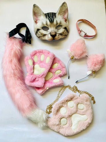 Quadrobics Play Set (mask, paws, ears, tail on a strap, choker, bag) – Pink