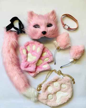 Quadrobics Playset (mask, paws, ears, tail on a strap, choker, bag) - Pink