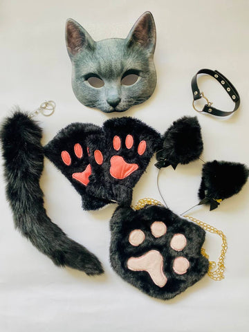 Quadrobics Play Set (mask, paws, ears, tail with carabiner, choker, bag) Black