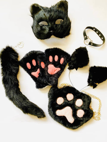 Quadrobics Set (mask, paws, ears, tail with clip, choker, bag) Black