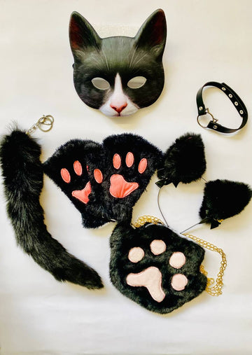 Quadrobics Set (mask, paws, ears, tail on carabiner, choker, bag) Black