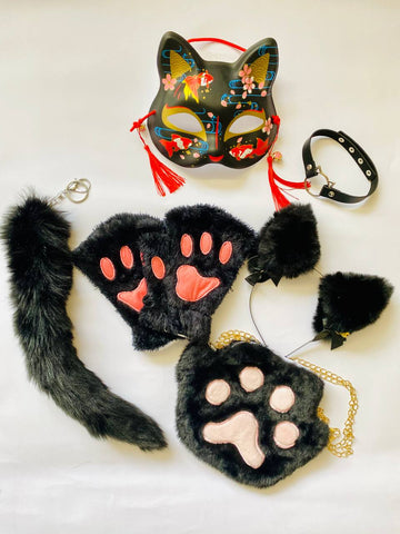 Quadrobics Set (mask, paws, ears, tail with carabiner, choker, bag) Black