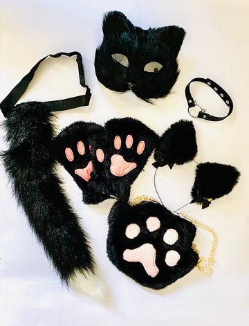 Quadrobics Set (mask, paws, ears, tail on a strap, choker, bag) Black