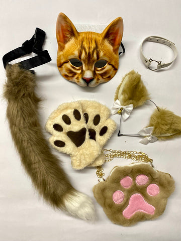 Quadrobics Set (mask, paws, ears, tail on a strap, choker, bag) – Brown
