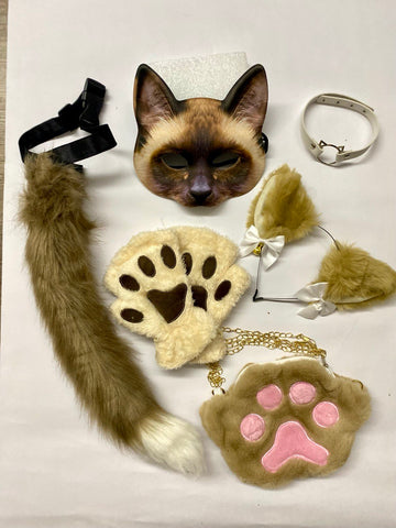 Quadrobics Playset (mask, paws, ears, tail on a strap, choker, bag) – Brown