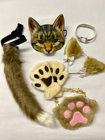Quadrobics Set (mask, paws, ears, tail on a strap, choker, bag) — Brown