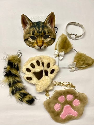 Quadrobics Set (mask, paws, ears, tail with carabiner, choker, bag) – Brown