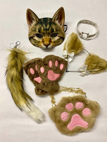 Quadrobics Set (mask, paws, ears, tail with carabiner, choker, bag) — Brown