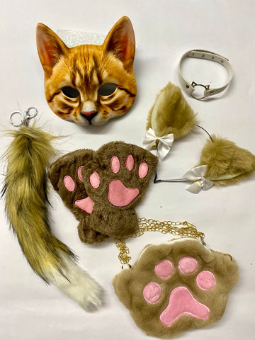 Quadrobics Set (mask, paws, ears, tail on a carabiner, choker, bag) — Brown