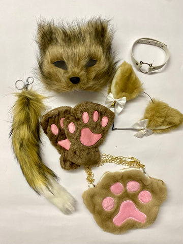 Quadrobics Set (mask, paws, ears, tail with carabiner, choker, bag) — Brown