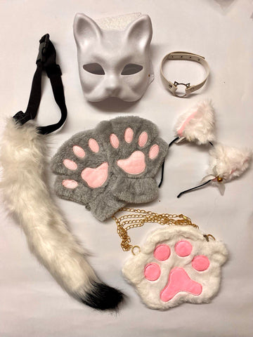 Quadrobics Set (mask, paws, ears, tail on a strap, choker, bag) in White and Gray