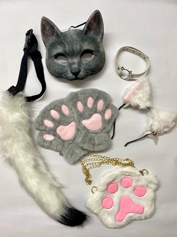Quadrobics Play Set (mask, paws, ears, tail on a strap, choker, bag) - White and Gray