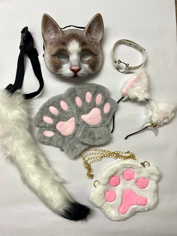 Quadrobics Set (mask, paws, ears, tail on a strap, choker, bag) in White and Gray