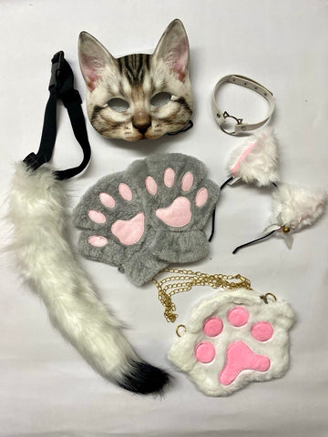 Quadrobics Playset (mask, paws, ears, tail on a strap, choker, bag) White and Gray