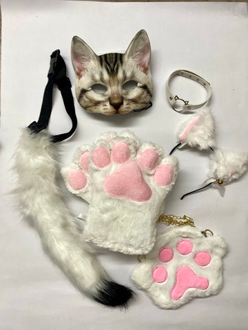 Quadrobics Set (mask, large paws, ears, tail on a strap, choker, bag) White
