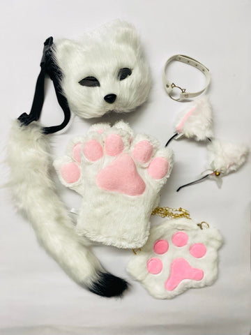 Quadrobics Play Set (mask, large paws, ears, tail on a strap, choker, bag) White
