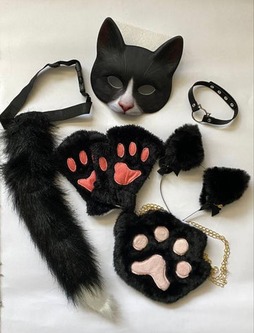 Quadrobics Set (mask, paws, ears, tail on a strap, choker, bag) Black