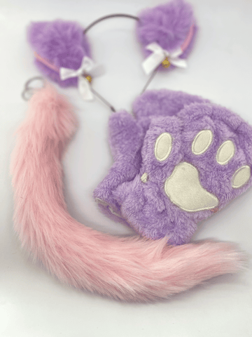 Quadrobics Set (headband with ears, paws, tail on a carabiner) – Pink and Purple