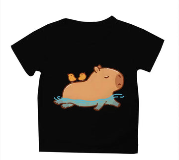 Kids' T-Shirt with Capybara and Birds – Black