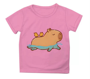 Kids' T-Shirt with Capybara and Birds - Pink