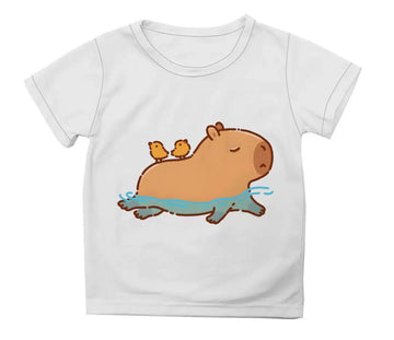 Kids' T-Shirt with a Capybara and Birds – White