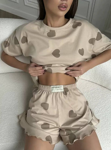 Lighthearted Heart-Print Pajama Set (T-Shirt + Shorts) Mocha