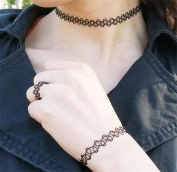 Tattoo-style jewelry set (ring, bracelet, choker) – Black