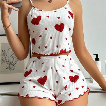 Lightweight Heartprint Pajama Set (Tank Top + Shorts) - White