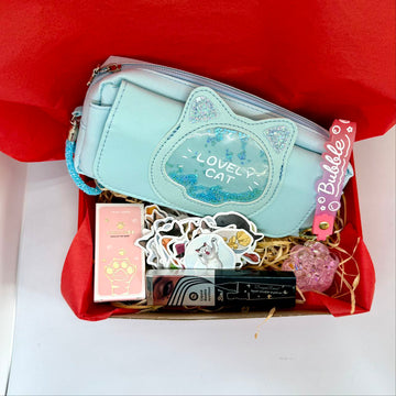 Gift Set for Girls (pencil case, Paw Print keychain, lip balm, 50 stickers, 2-in-1 eye liner)