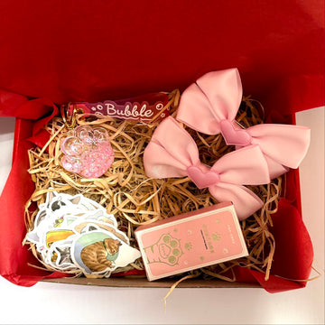 Pink Gift Set for Girls (50 stickers, paw balm, bows, paw-shaped keychain)