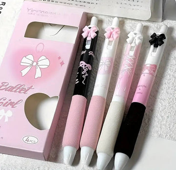 Set of automatic pens with bows – Black, White, and Pink (4 pcs)