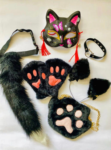 Quadrobics Set (mask, paws, ears, tail on a strap, choker, bag) Black