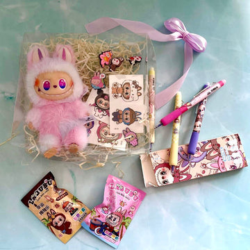 Labubu Gift Set (toy, temporary tattoos, foam, jibits, pens, erasers)