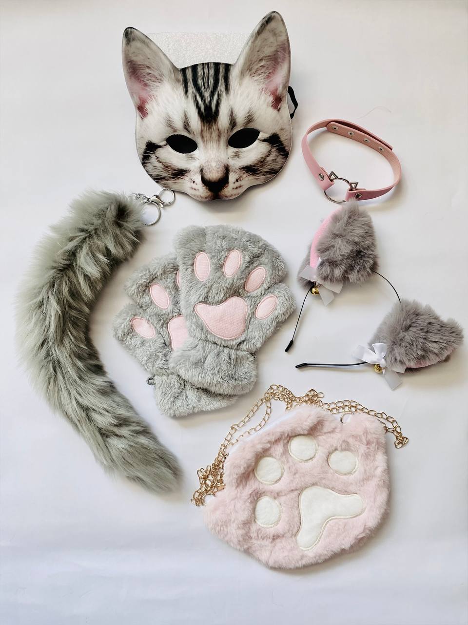 Quadrobics Set (mask, paws, ears, tail with carabiner, choker, bag) in Gray-Pink