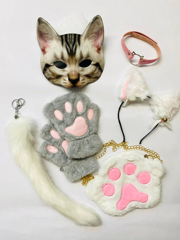Quadrobics Set (mask, paws, ears, tail on a carabiner, choker, bag) - White and Gray