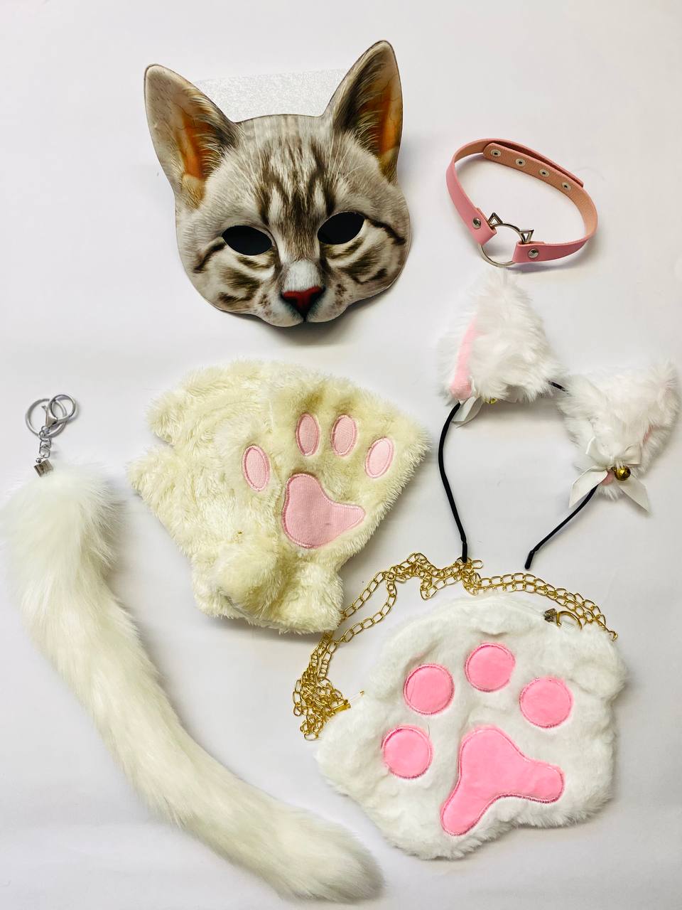 Quadrobics Play Set (mask, paws, ears, tail with carabiner, choker, bag) - White and Pink