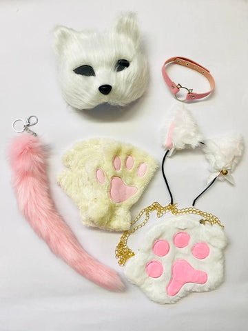 Quadrobics Set (mask, paws, ears, tail on carabiner, choker, bag) - White and Pink