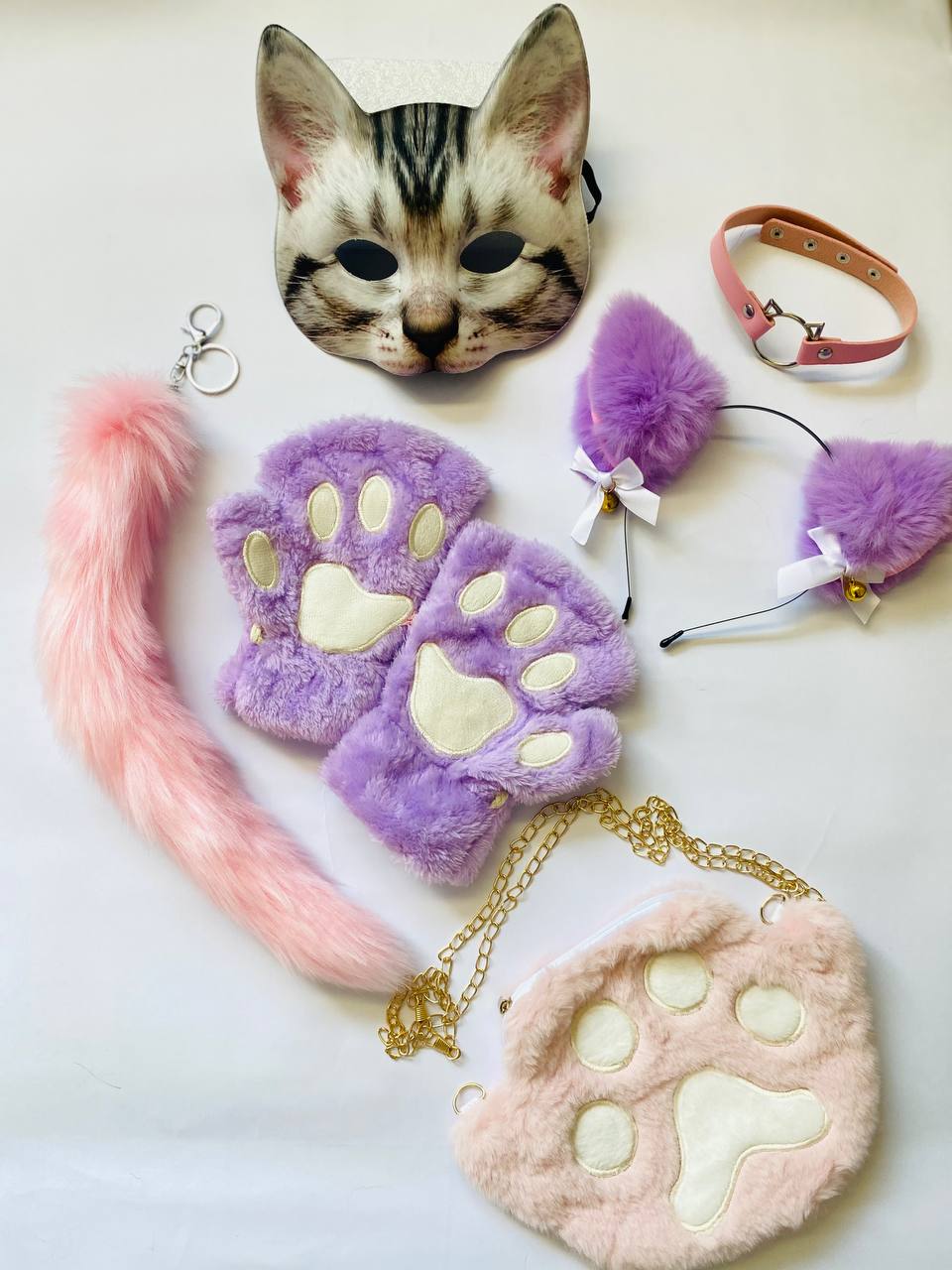 Quadrobics Play Set (mask, paws, ears, tail with carabiner, choker, bag) in Pink and Purple