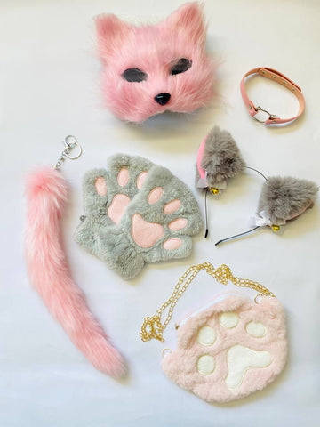 Quadrobics Set (mask, paws, ears, tail on a carabiner, choker, bag) in Pink and Gray